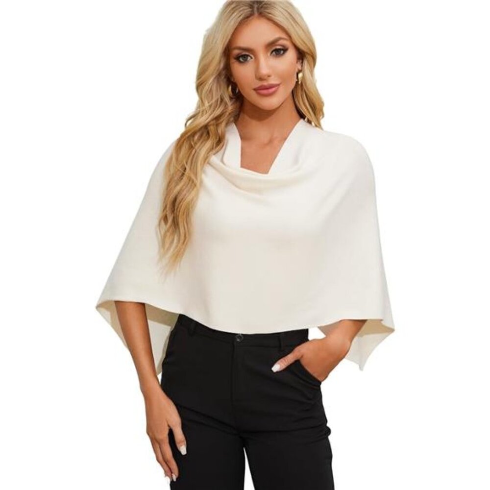 Women Capri Poncho Sweater Cropped Cowl Neck Soft Knit Wrap Short Tops Batwing